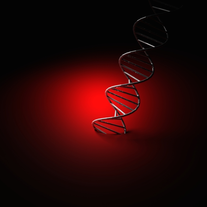 DNA helix under spotlight against red background